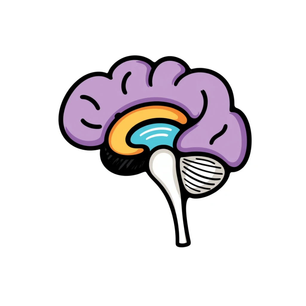 Hand-drawn anatomical brain cross-section showing different colored regions: purple cerebrum, orange cerebellum, blue brain stem, yellow thalamus, green hypothalamus. Detailed medical illustration with anatomical features clearly defined. sticker