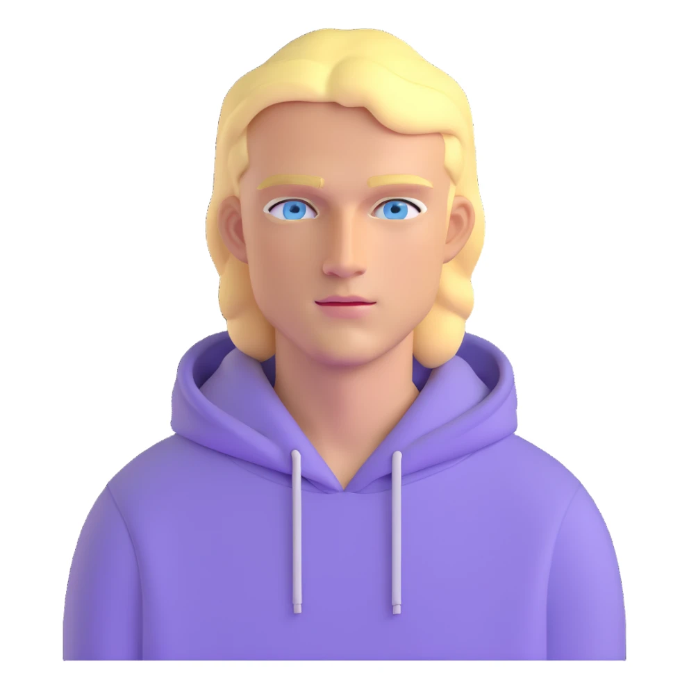 blonde man with blue eyes wearing a lilac hoodie sticker