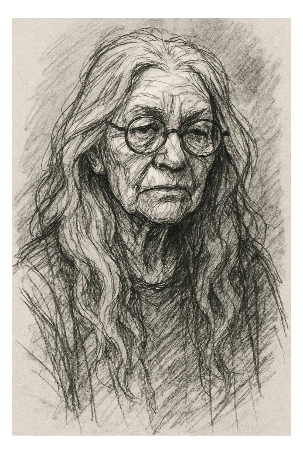 wise old woman with long silver-purple hair, glasses, hand-drawn sketch style sticker
