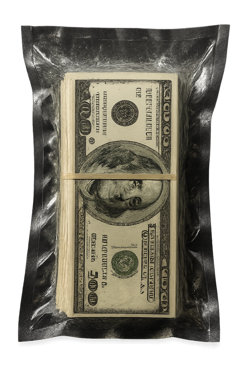 Create a hyper-realistic image of a stack of cash with a rubber band around it, inside a clear, vacuum-sealed plastic bag like retail product packaging. No background. sticker