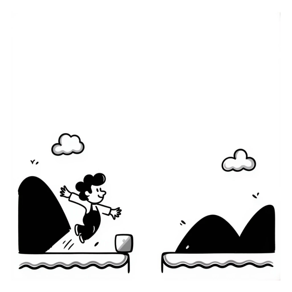 pixel art of a retro side-scrolling video game scene with blocks, platforms, clouds, and a character jumping, 8-bit Game Boy style, Mario world sticker