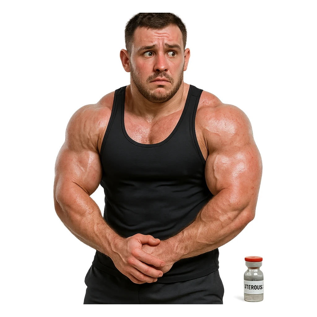 beginner bodybuilder with swollen muscles, reddened skin, nervous look, wearing sportswear, bottle of anabolic steroids next to him, realistic details, isolated on white background sticker
