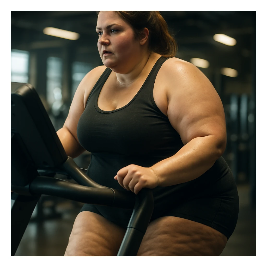 hyper realistic 4K image of a woman doing cardio on a treadmill, legs and thighs with stubborn fat, realistic details, cinematic gym background sticker