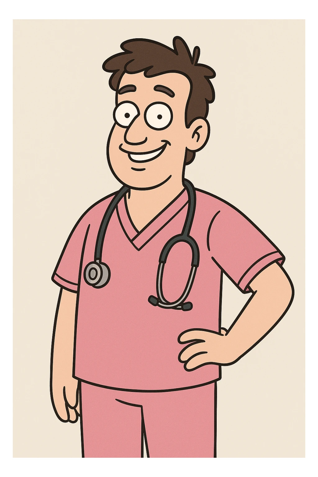 a smiling doctor with pink scrubs and stethoscope, cartoon style sticker