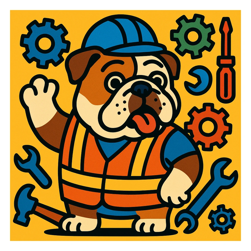 English Bulldog in an engineer's vest, surrounded by gears and tools, fun expressive style sticker