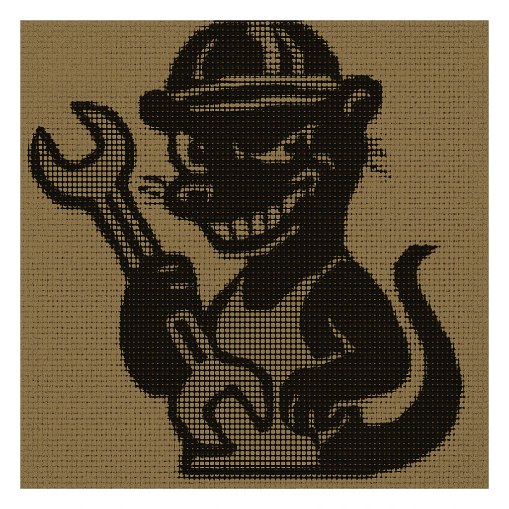 AN ANTHROPOMORPHIC WEASEL WITH A HARDHAT AND A LARGE SPANNER WRENCH - AIRPLANE FUSELAGE nose art 1940s era - he has a very VERY dark and mischevious look in his eye- grinning - digital scanner projection, virtual digital RETRO DOS ASCII ART sticker