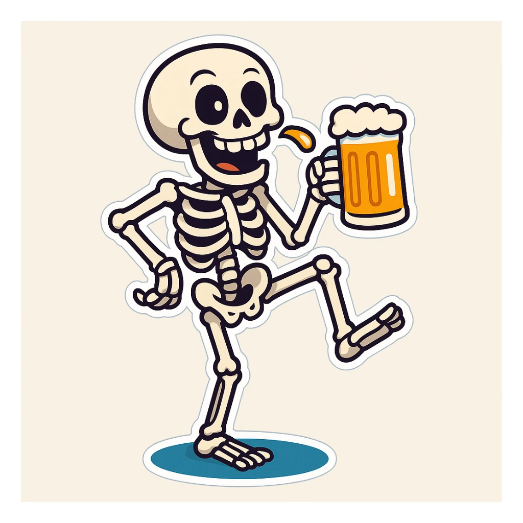 Create a variant of a skeleton drinking a beer, balancing on one leg like a flamingo, with a playful expression, in a cartoon sticker style. The style should mimic cartoonish stickers with bold outlines and vibrant colors. sticker