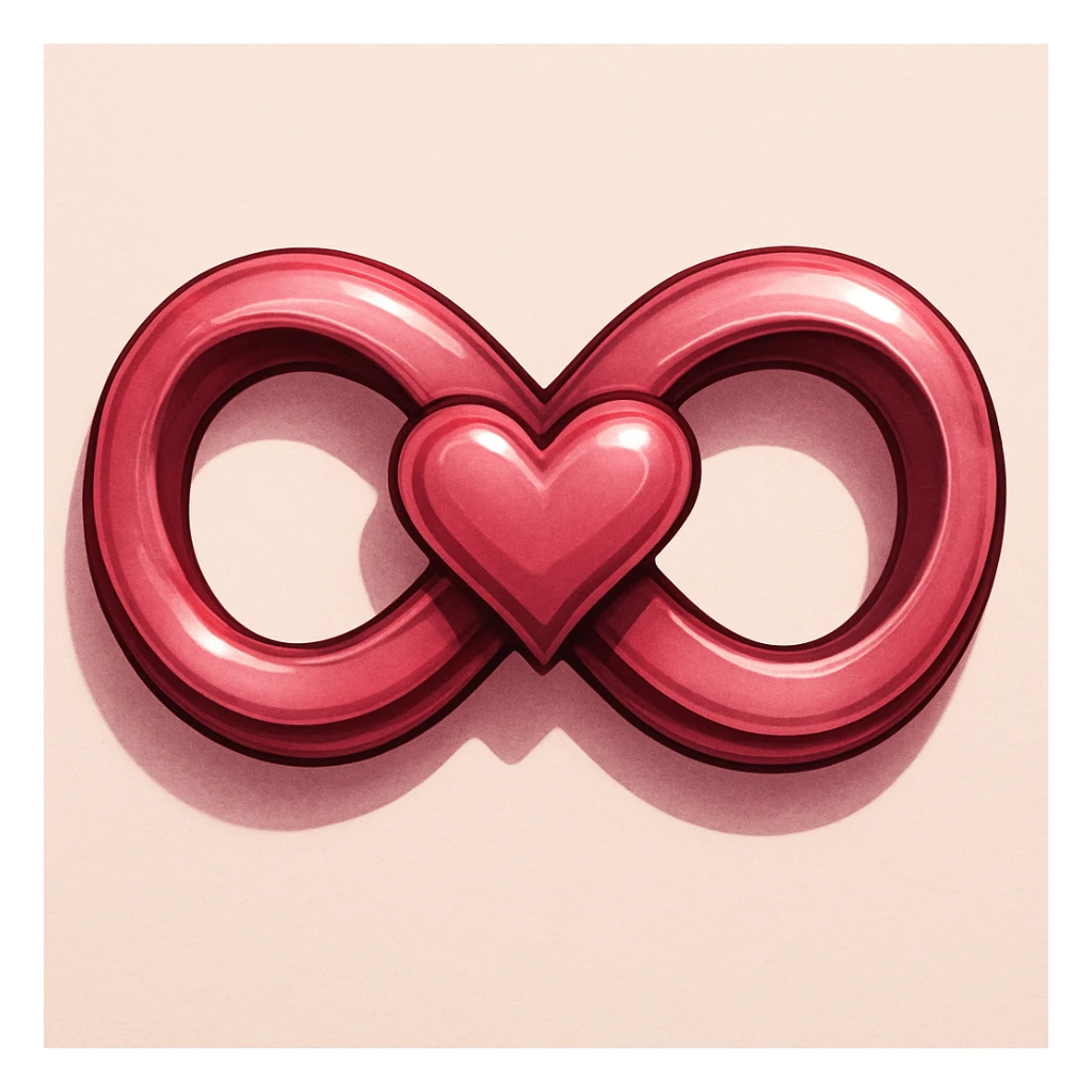 A highly detailed pink infinity symbol with bold, deep shadows and bright highlights, the heart formed by the crossing point of the infinity, so the center of the symbol is a heart shape. sticker
