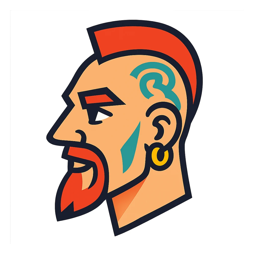 vibrant toon style head of a white man with a goatee, mohawk, earring, and head tattoo sticker