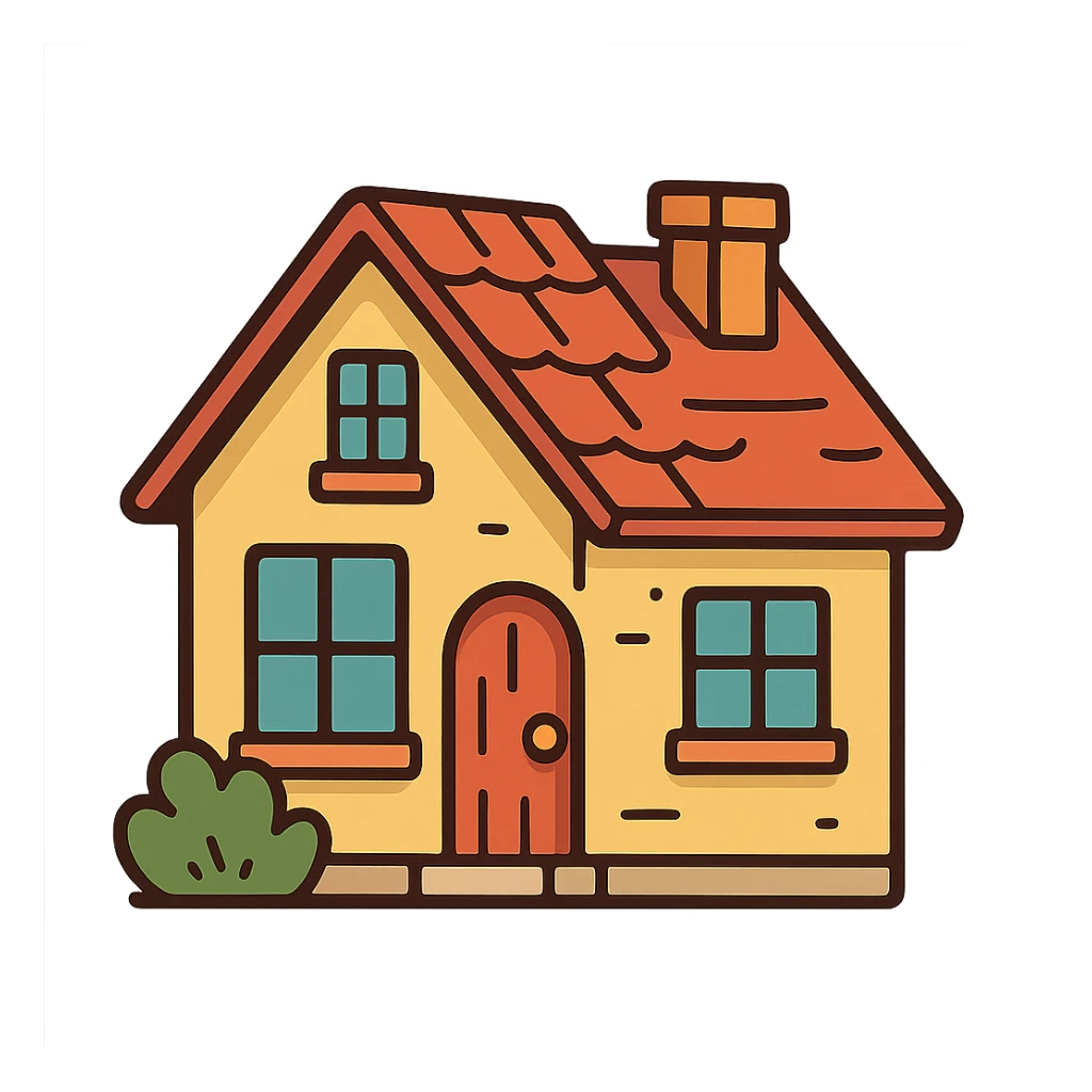 A cartoon-style house icon for a game, bright colors, playful design sticker