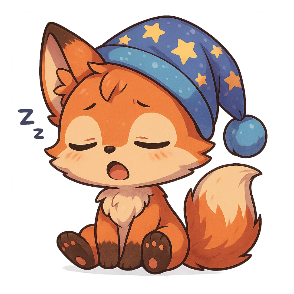 chibi anime style fox character, very sleepy, with a nightcap, cute, colorful, detailed sticker