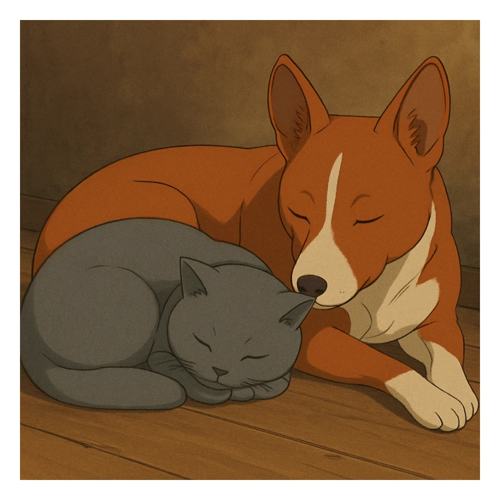 A gray British Shorthair cat curled up and sleeping next to a red Basenji dog sticker