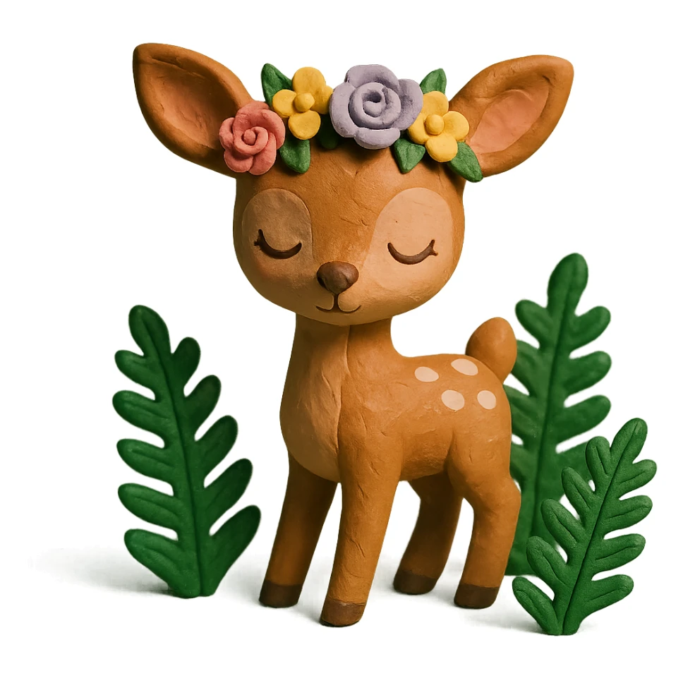 baby deer with a flower crown, surrounded by ferns, claymation style sticker