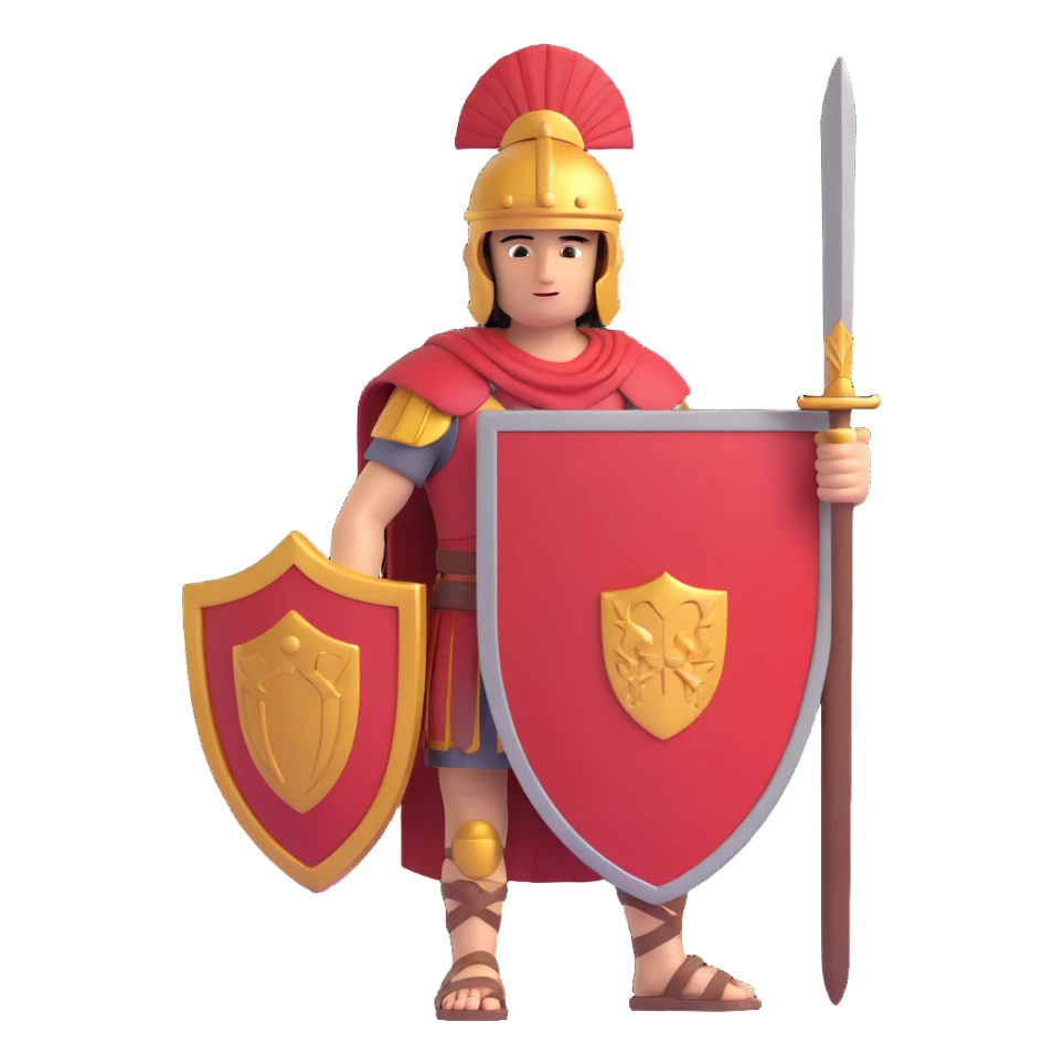 roman empire soldier, stylized, holding a rectangular scutum shield, crested helmet, sandals sticker
