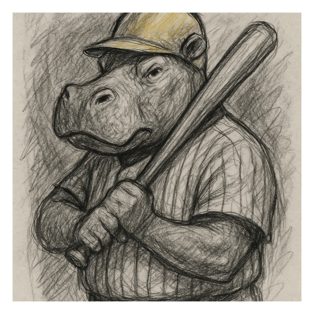 hippo holding a baseball bat, wearing a yellow helmet, pinstripes outfit sticker
