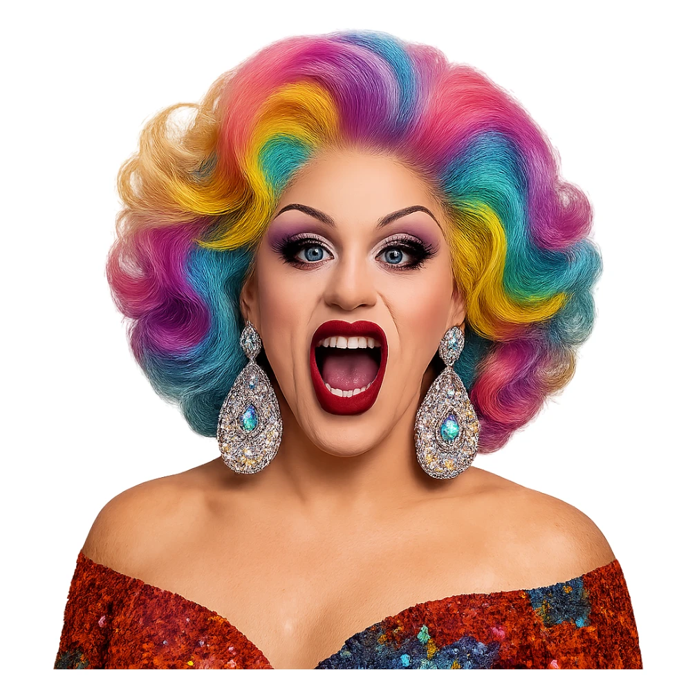 drag queen with oversized earrings and colorful wig sticker