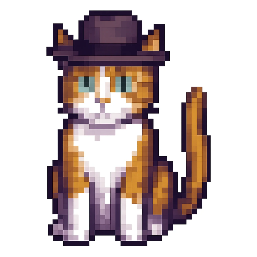 A pixel art cat with a hat, no background. sticker