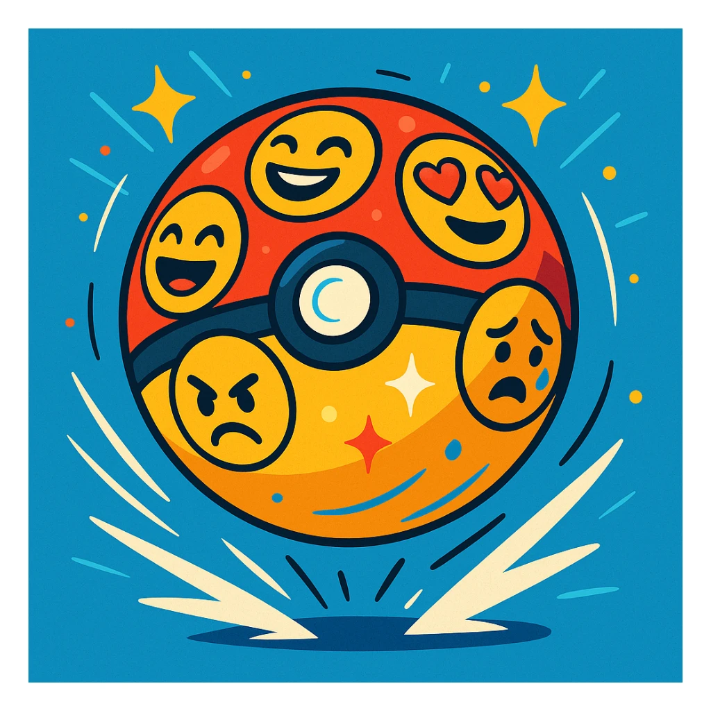 A Poké Ball covered in different emoji faces, bouncing with energy, vibrant animated style with sparkles and motion effects sticker