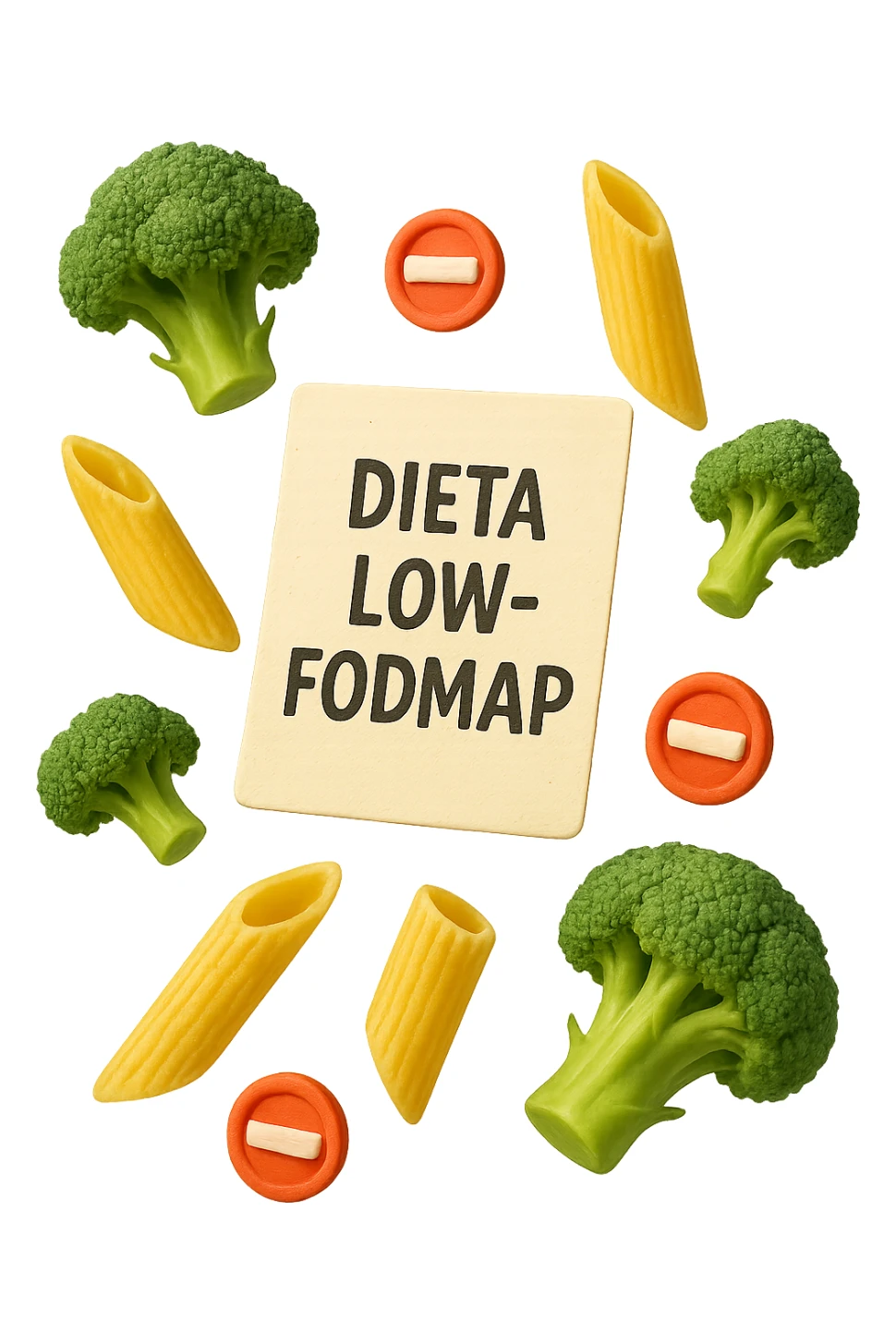 BROCCOLETTI E PENNE DI PASTA RIGATE FLUTTUANO IN ARIA insieme a piccoli divieti 3d, DAVANTI A LORO FLUTTUA UN FOGLIO CON LA SCRITTA "dieta low-fodmap" sticker