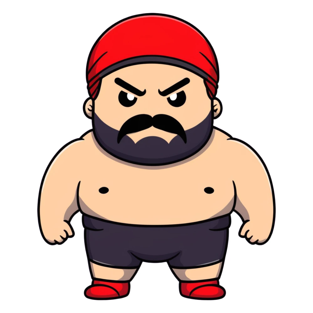 Close-up of extremely fat white skin guy with young face, prominent BLACK DURAG tied clearly on head, distinct black beard and mustache, no muscle, black eyes in a red and black wrestling singlet with angry face sticker