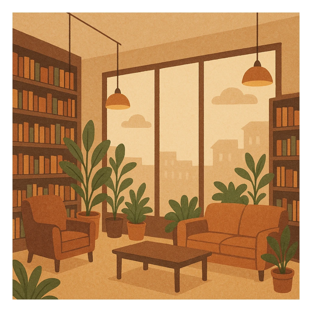 modern bookstore in urban setting, large windows, plants, comfortable seating, modern lighting sticker