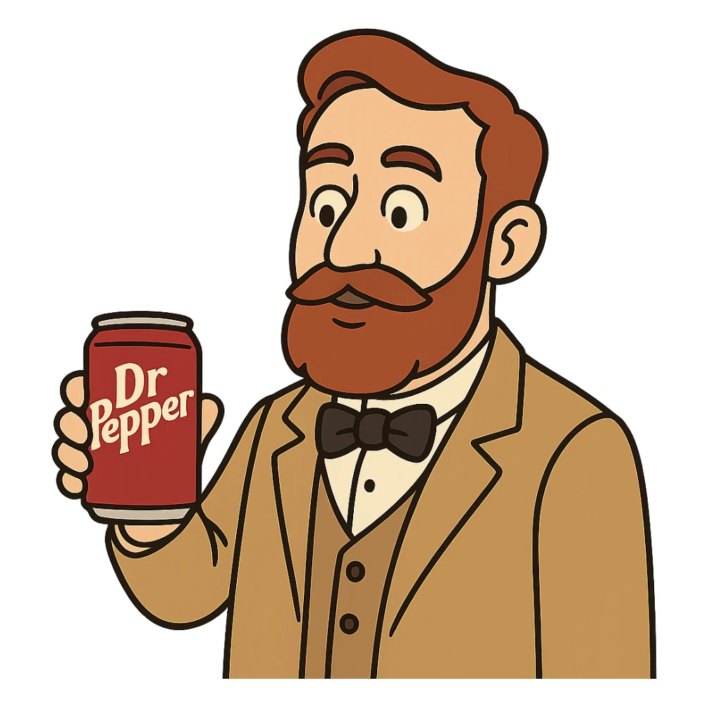 Charles Alderton holding a Dr Pepper in flat toon style sticker