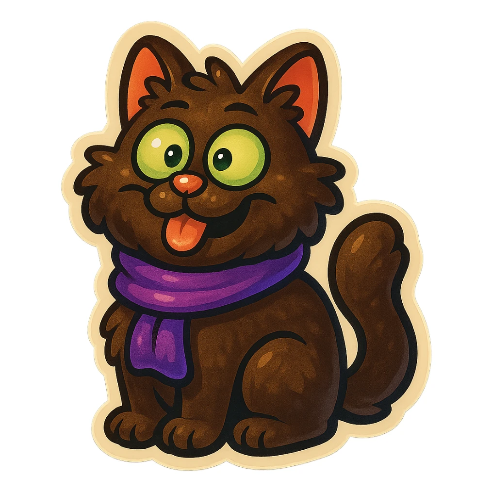 Fluffy cute derpy silly goofy funny dark-brown cat with green eyes and a purple scarf  sticker