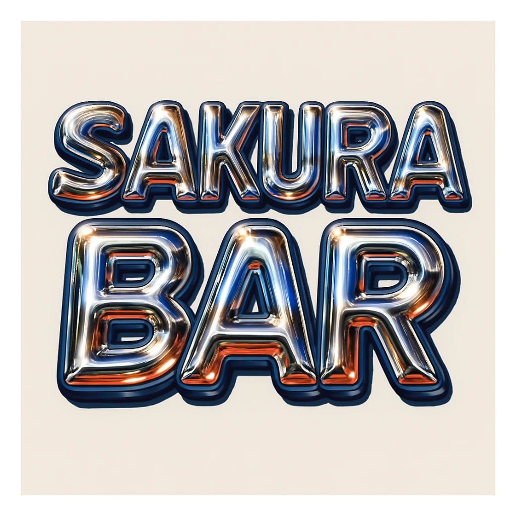 Make the 'Sakura Bar' bubble letters font more Y2K style—futuristic, metallic, shiny, with playful curves and a retro 2000s vibe, keep orange and red colors. The style should reflect a glossy, metallic, and futuristic look typical of early 2000s design aesthetics. sticker
