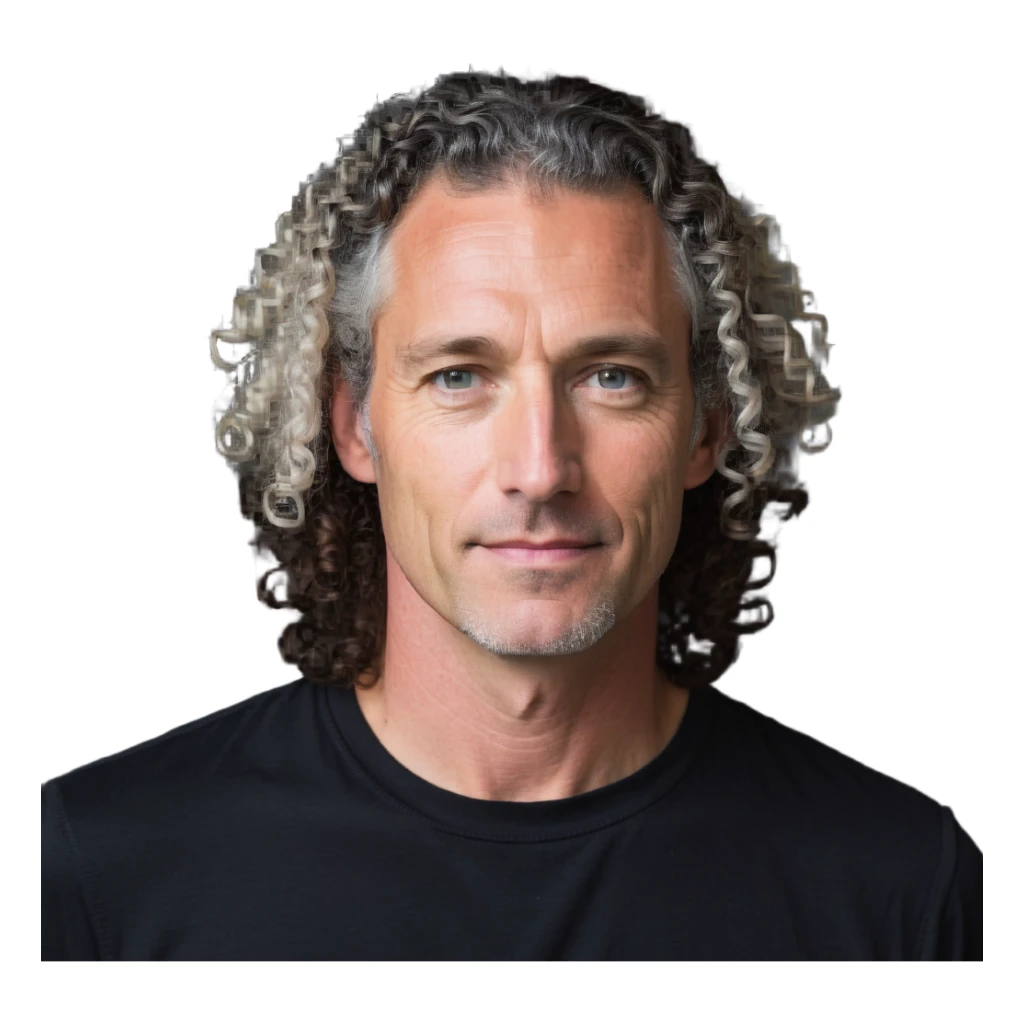 white man in his 40s, long tight curly hair with short sides sticker