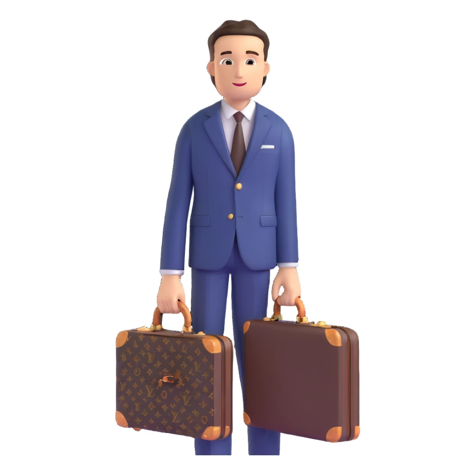 fashionable man wearing Louis Vuitton suit and carrying LV briefcase sticker