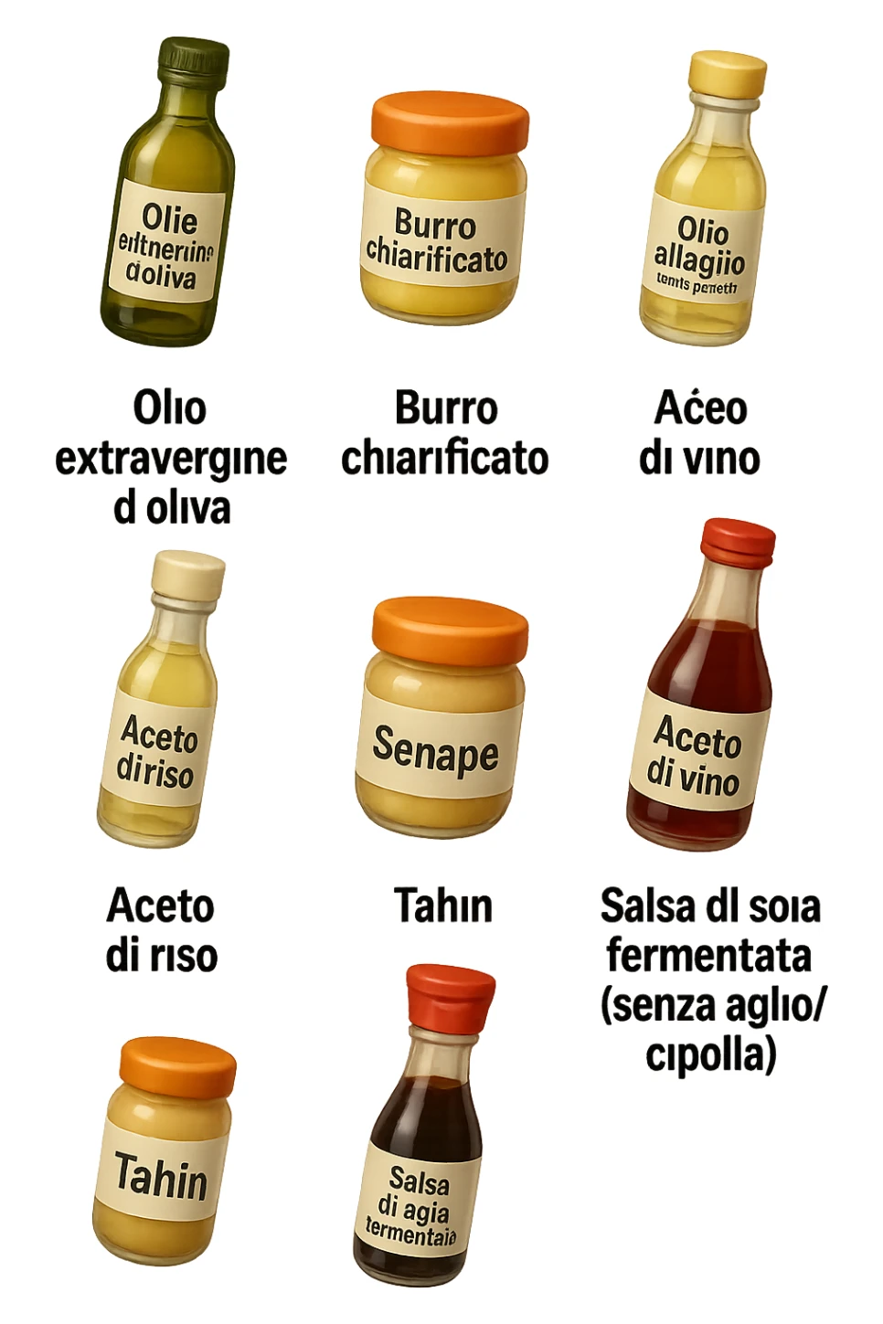 emoji stile iphone 3d di questi elementi che fluttuano in aria sparsi casualmente:

Olio extravergine d’oliva, burro chiarificato
Olio all’aglio (senza pezzetti)
Aceto di vino, aceto di riso, senape, tahin
Salsa di soia fermentata (senza aglio/cipolla)


 che fluttuano sparse casualmente in aria, le etichette dei prodotti scrivile in italiano, iperealistico 4k sticker