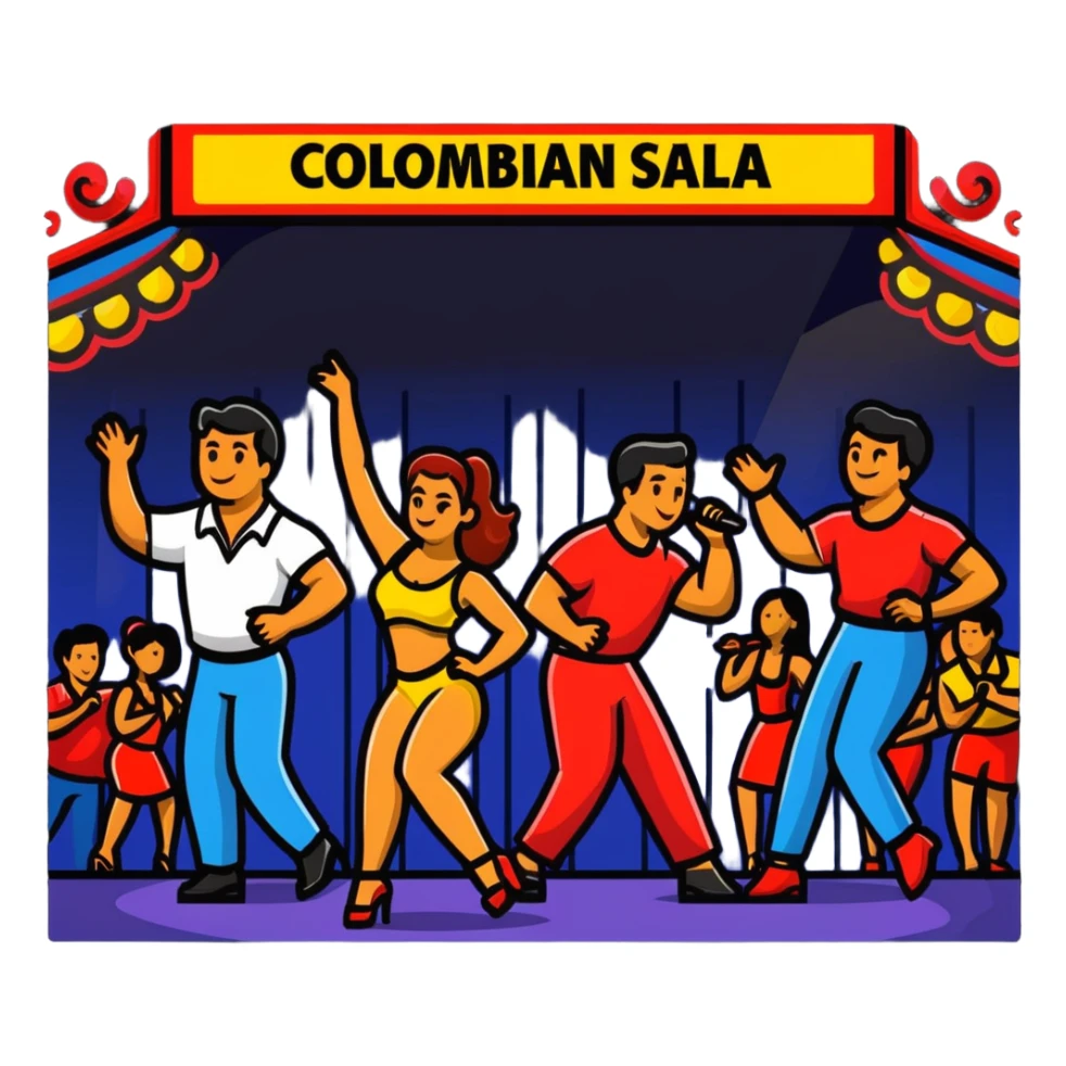 Colombian salsa night club with dancers, live band, and festive lights sticker