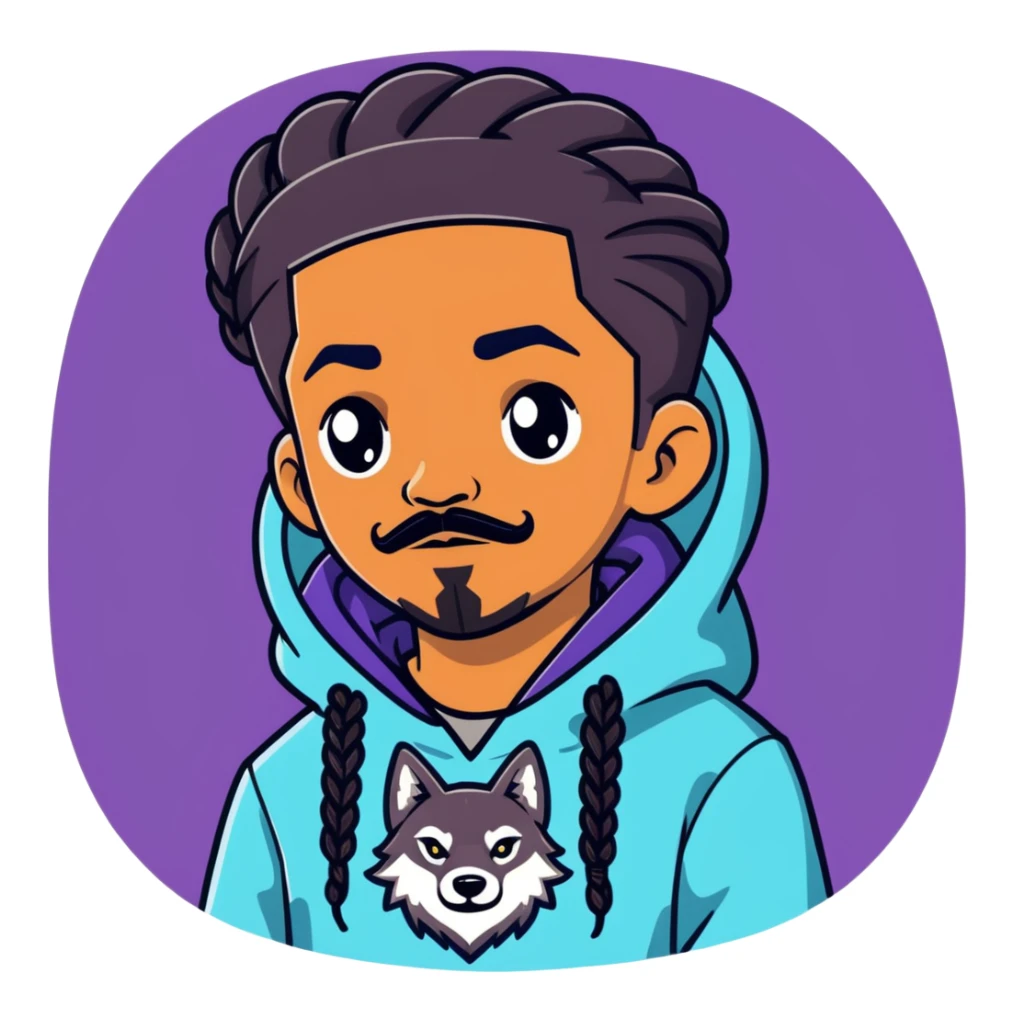 Short black boy with long braids a stache and goatee wearing a galaxy wolf hoodie sticker