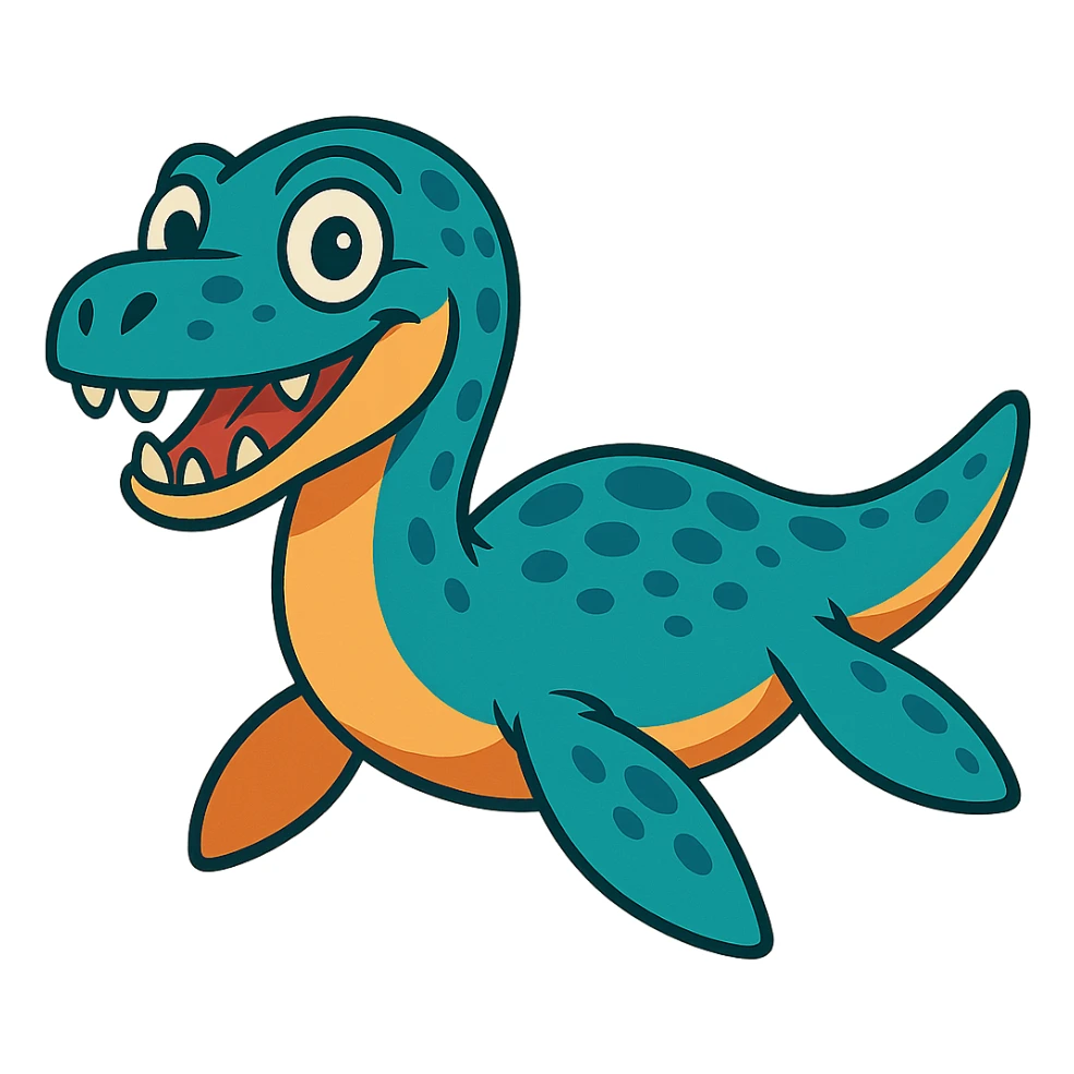Pliosaurus funkei, stylized as a cartoon with exaggerated features, big eyes, and a friendly expression sticker