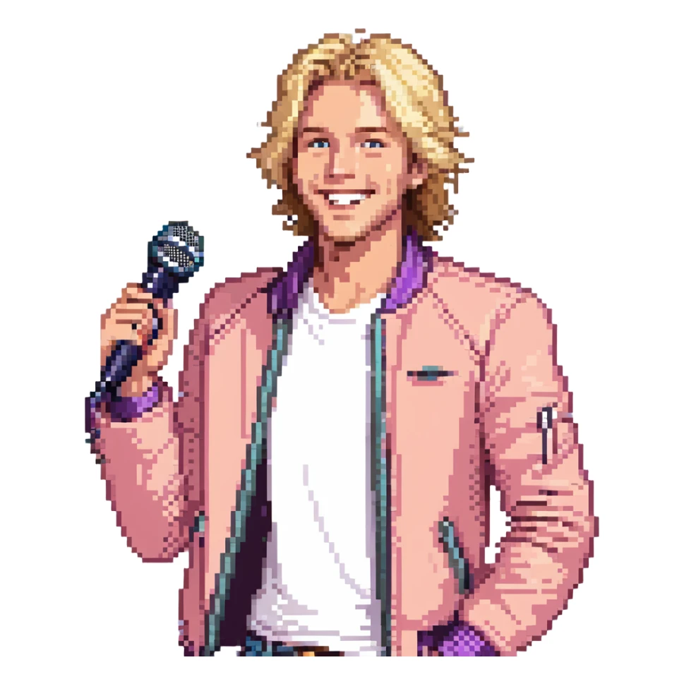 Pixel art style, expressive male performer, Caucasian features, tousled sandy blonde hair, lively eyes, wide cheerful smile, wearing a coral violet jacket over white tee, tossing a microphone in one hand, waist-up, front-facing sticker