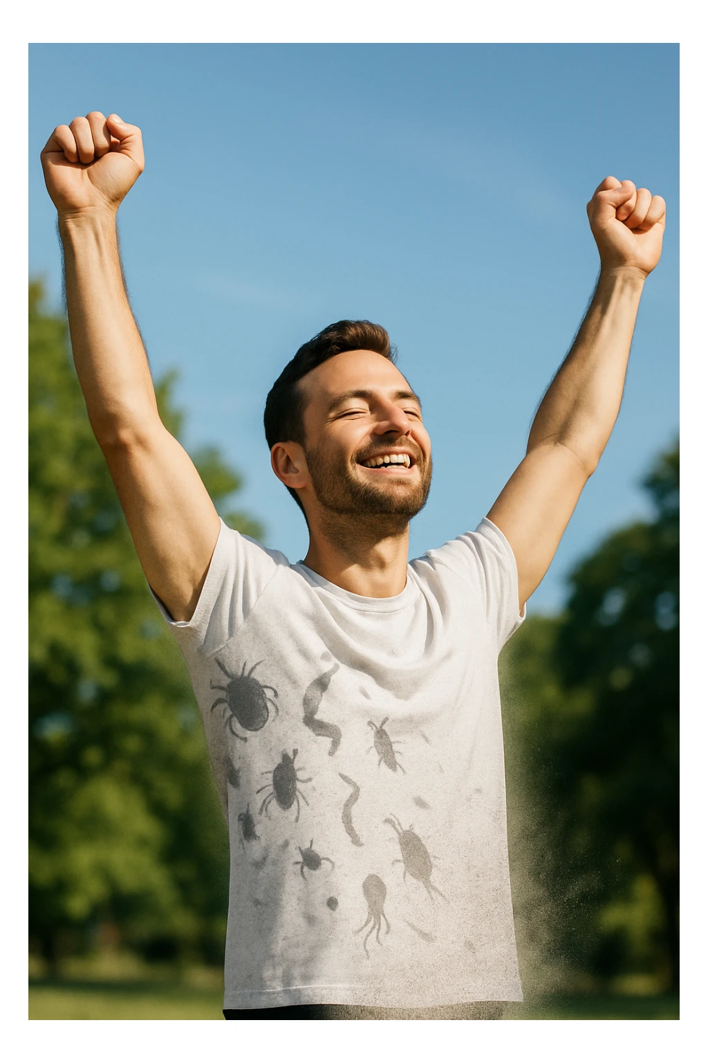 a man stands outdoors in bright sunlight, arms raised in relief and joy, while faint, shadowy silhouettes of parasites fall away from his body and dissolve into the air. His posture is upright and energetic, his expression serene and healthy. The background features green trees and a clear sky, emphasizing liberation and restored well-being. sticker
