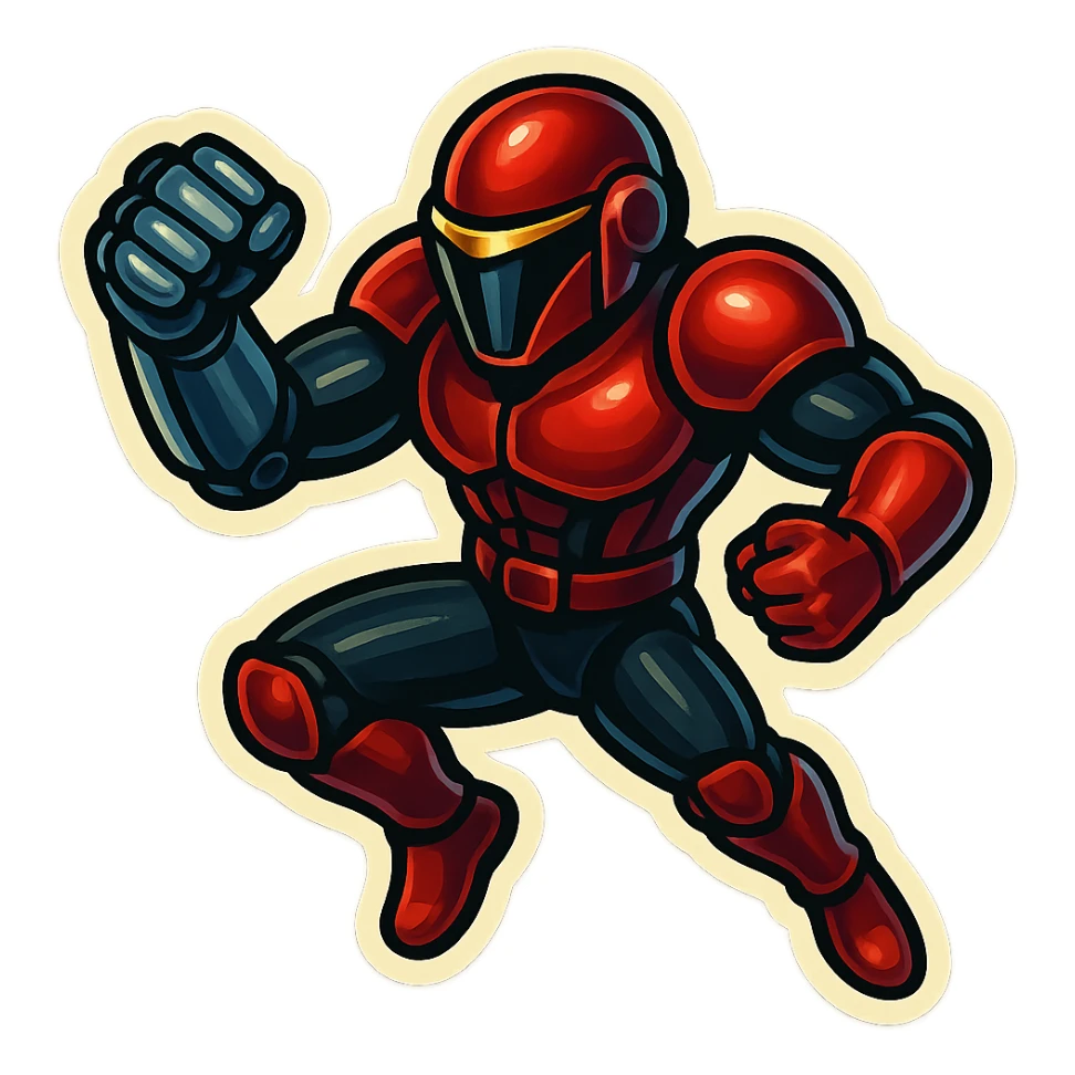 Scarlet Duke from the future, retro sticker style, robotic arm, sleek helmet, red and black armor, dynamic action pose, sticker effect sticker