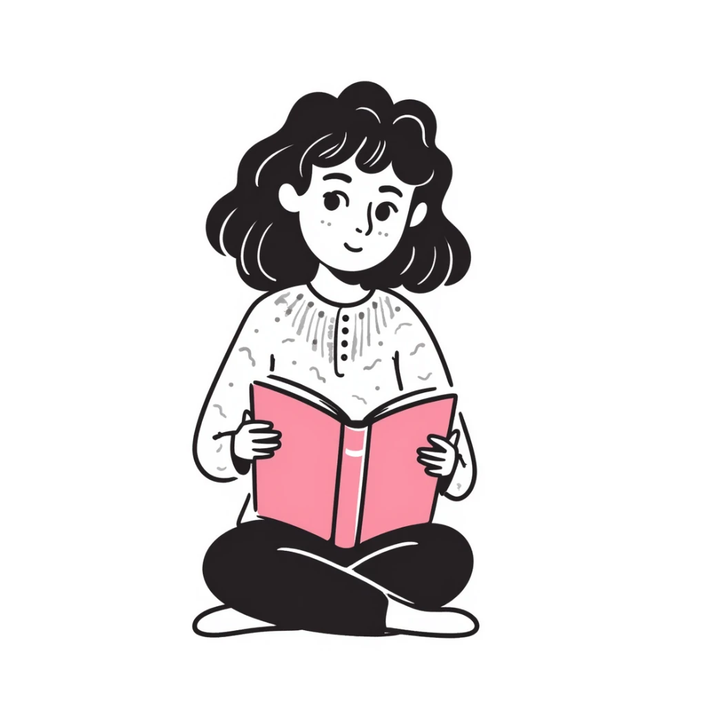 girly character with brown soft curly hair reading a pink book sticker