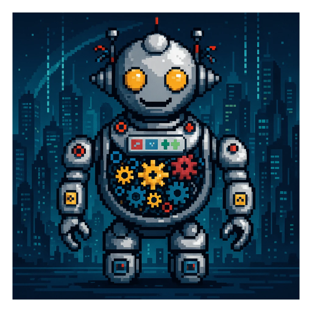 Add a futuristic city background, keep the robot with gears and data streams as the main subject, maintain pixel art style sticker