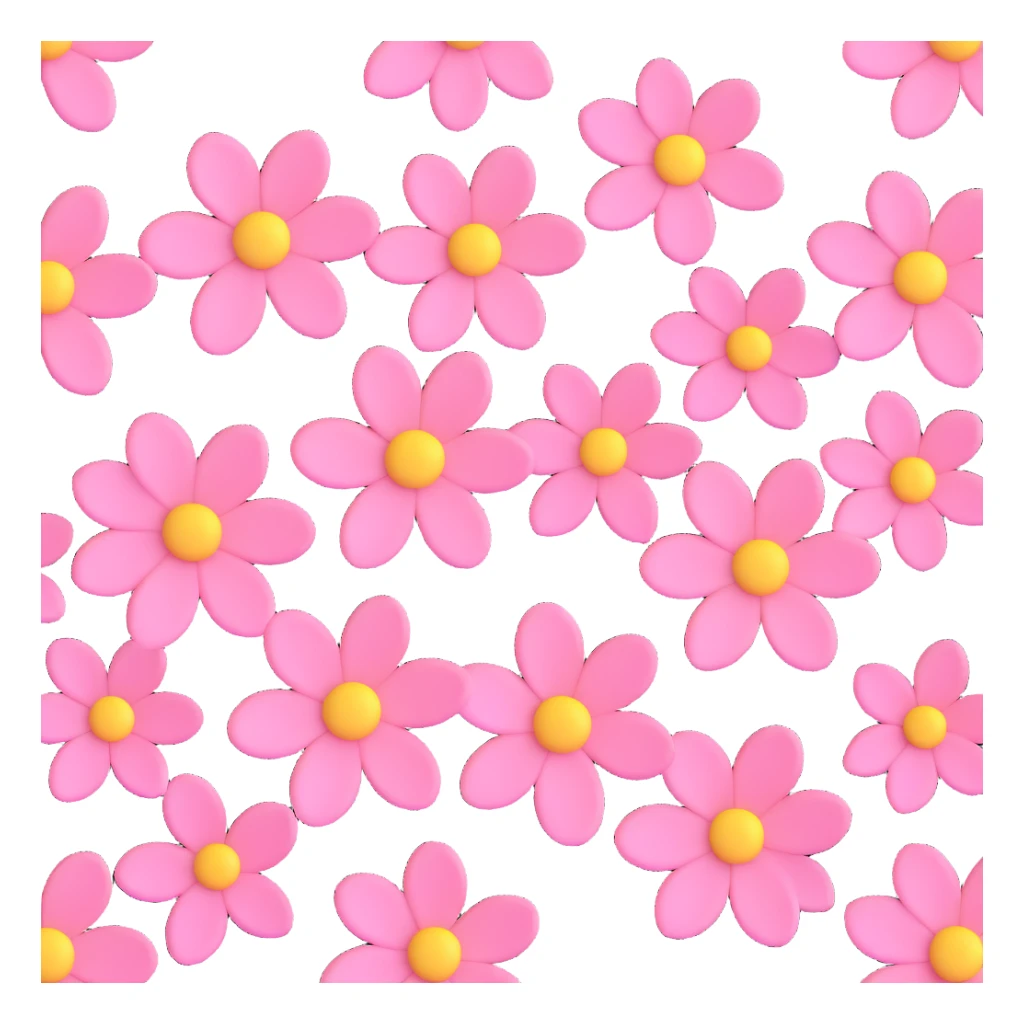 cluster of soft pink flowers with yellow centers, iOS 3D style, detailed and realistic yet stylized, rounded petals, gentle glossy finish sticker