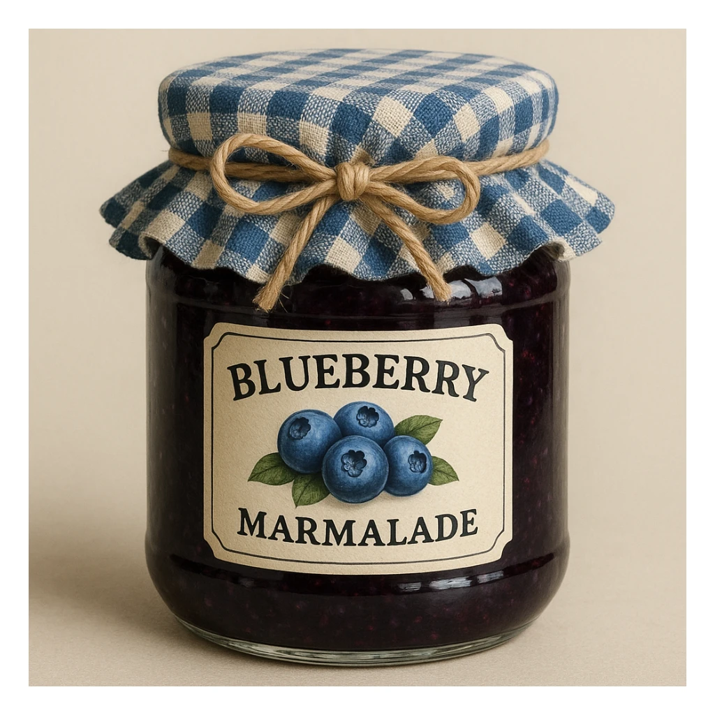 a jar of blueberry marmalade with a blue and white tiled fabric cap and a bow tied on top, detailed, realistic sticker
