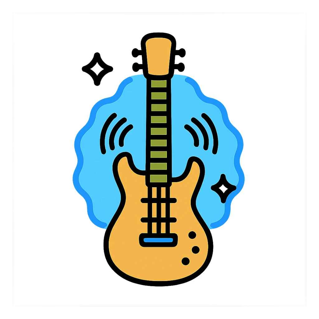 electric guitar with glowing blue aura, strings visibly vibrating, modern icon style sticker