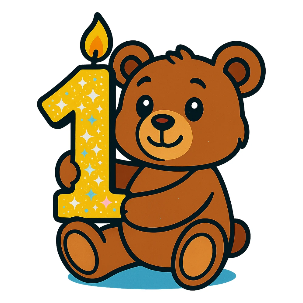 brown teddy holding sparkly number "1" candle, vibrant-toon style, transparent background sticker