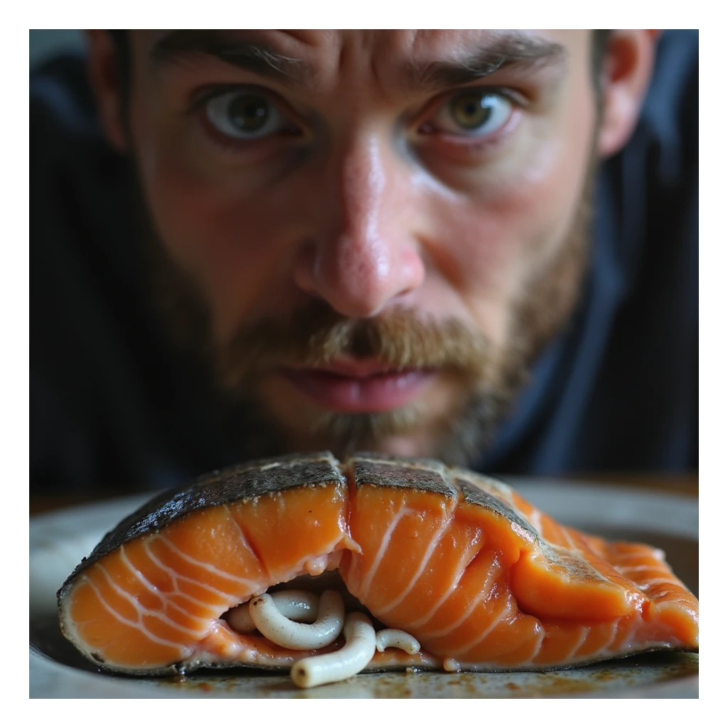 man looking surprised at a slice of raw salmon noticing small white worms inside the fish meat, realistic 4K style sticker
