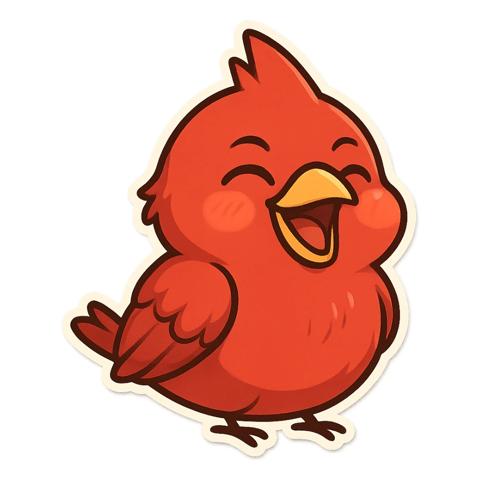 Chibi red male cardinal laughing with eyes closed and beak wide open, soft glowing cheeks, cozy cartoon emoji. sticker