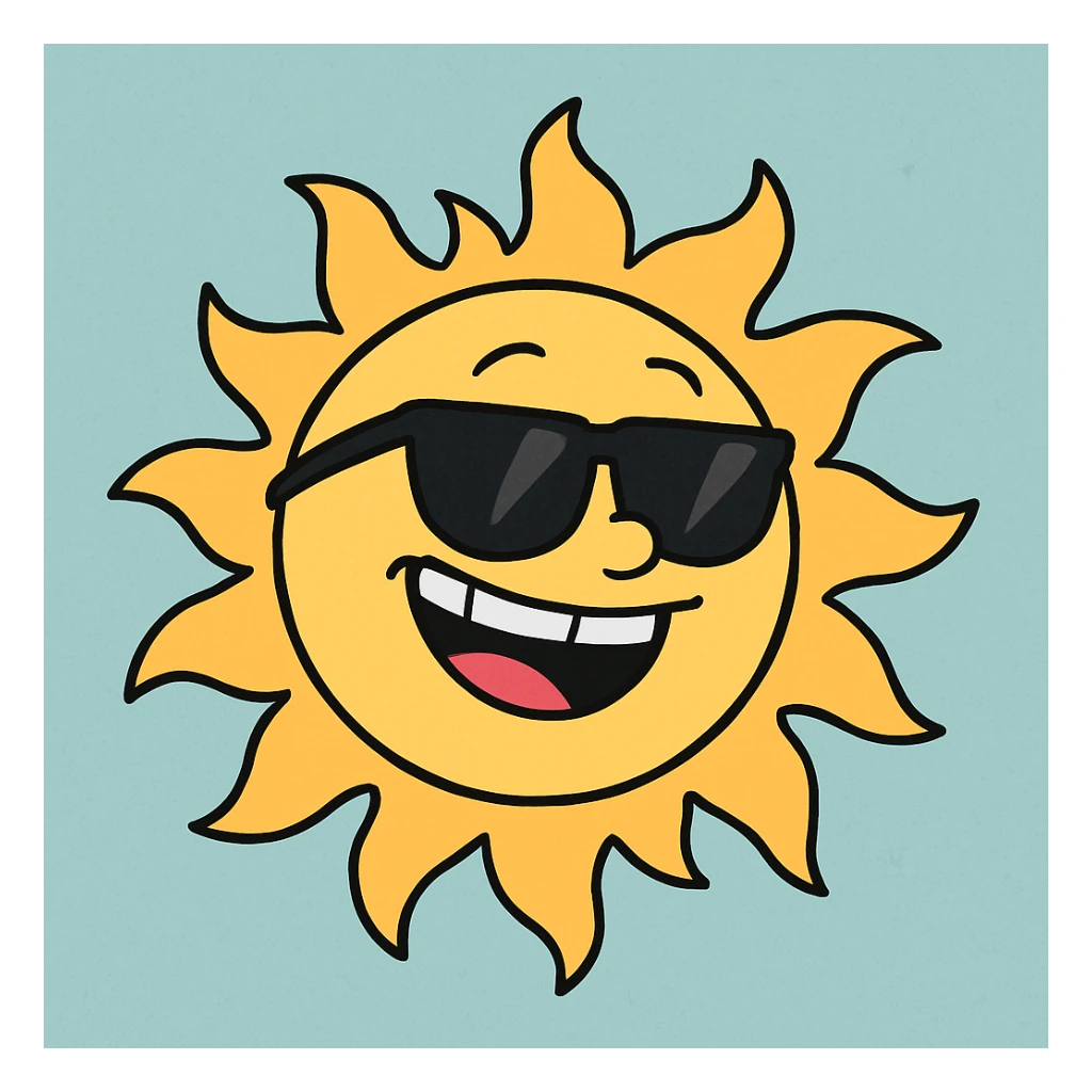 a smiling sun with sunglasses, bright colors, simple shapes, flat toon style sticker