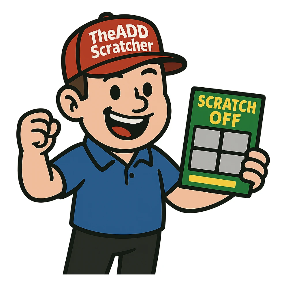 flat toon style mascot for TheADDScratcher, holding a scratcher ticket, fun and bold sticker
