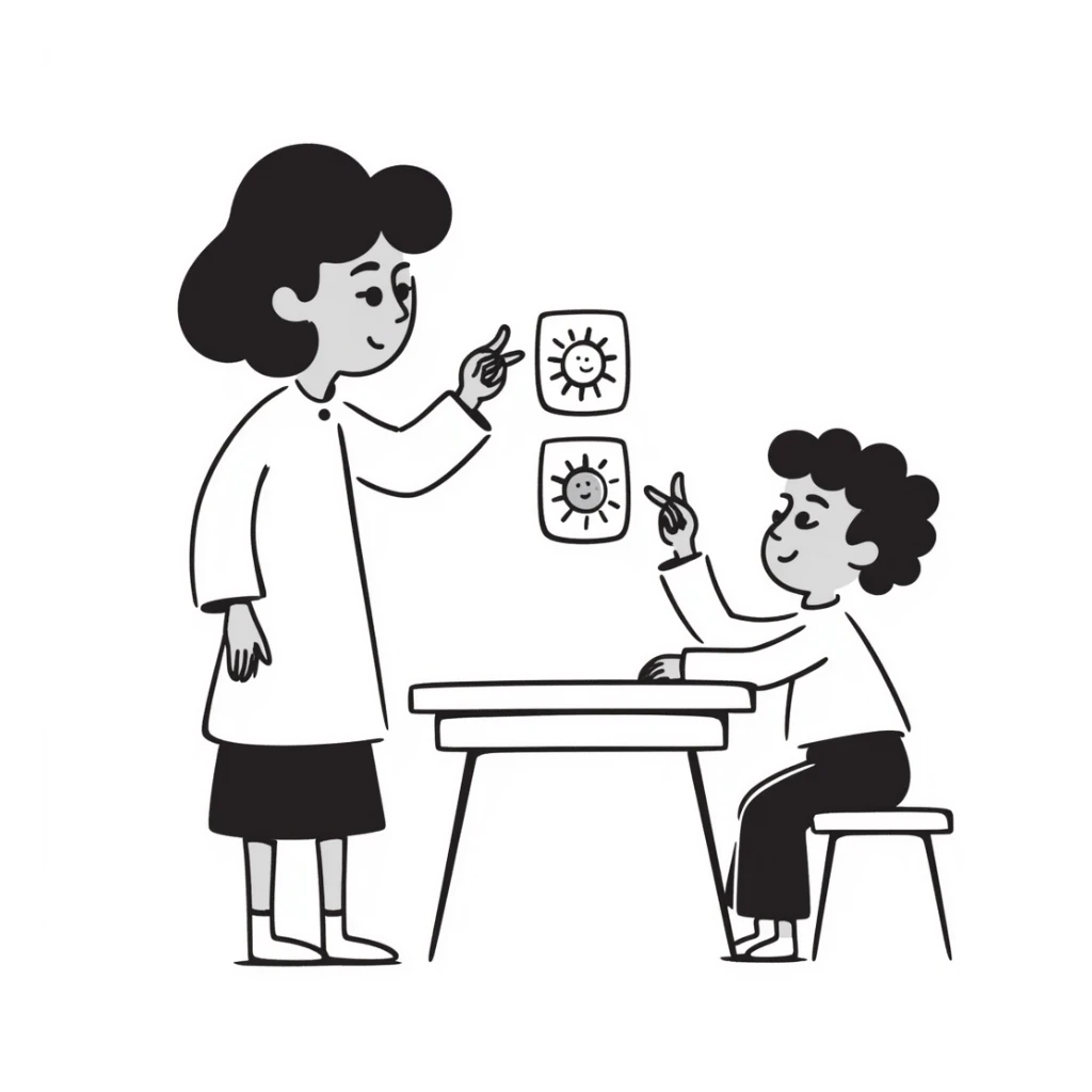 educator or speech therapist with child, who helps child with lessons sticker