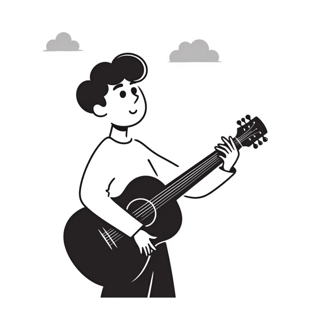 A musician holding a guitar, with a sad expression, looking up at the sky, waiting for an opportunity sticker