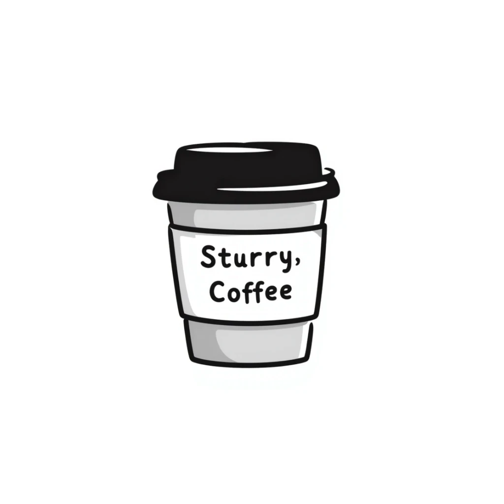 cappuccino cup with a label and a lid, hand-drawn doodle style sticker